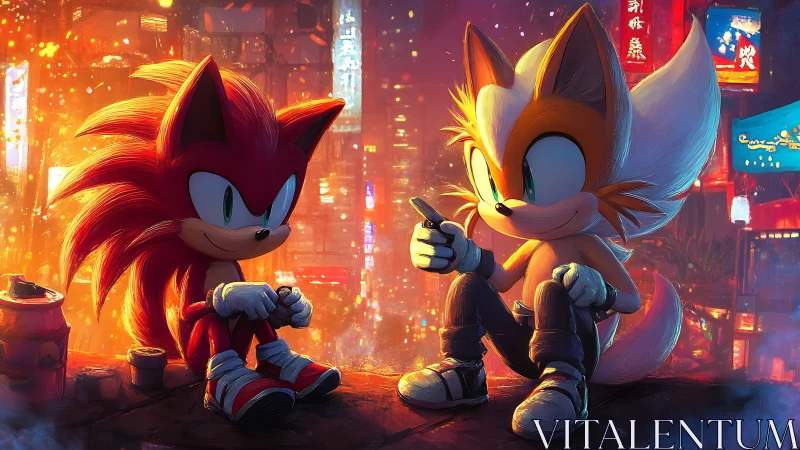 Neon-lit anthropomorphic duo rendered with volumetric glow and bokeh