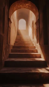 Sunlit stone staircase ascends through a quiet ancient archway