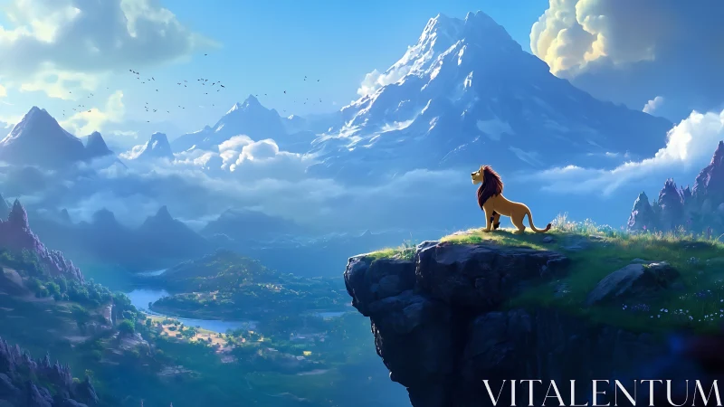Lone lion surveys vast sunlit valley beneath towering peak