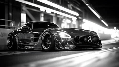 Sleek night cruiser gliding through a glowing city tunnel.