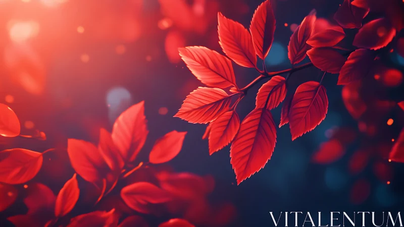 Glowing red autumn leaves drifting in dreamy evening light.