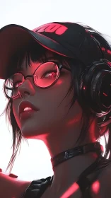Neon-lit gamer girl gazes upward in futuristic close-up