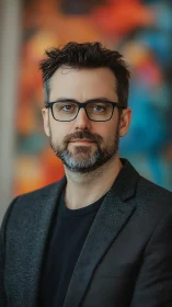 Professional man in glasses posed before colorful backdrop.