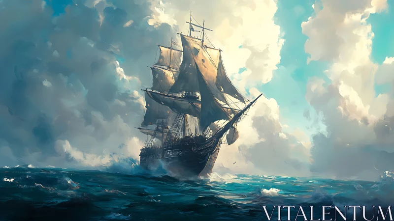 Sailing ship on open ocean under large dynamic cloudscape.