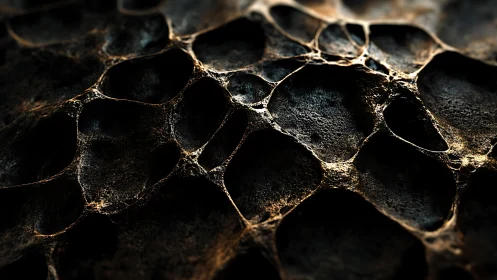 Abstract close-up of organic honeycomb texture, dark earthy tones.