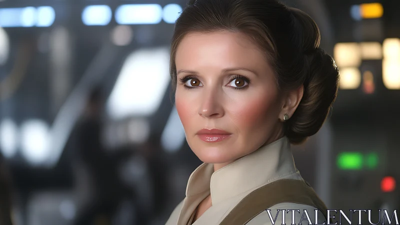 Woman in sci fi style uniform stands in blurred control room