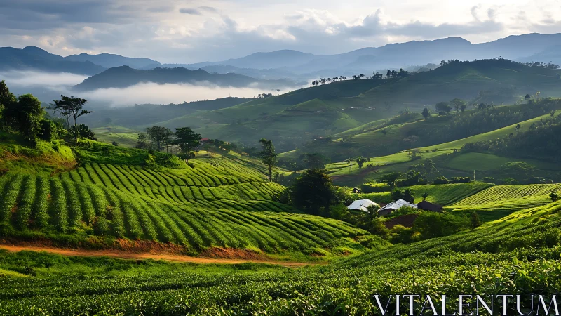 Green terraced tea fields in misty mountain valley at dawn.