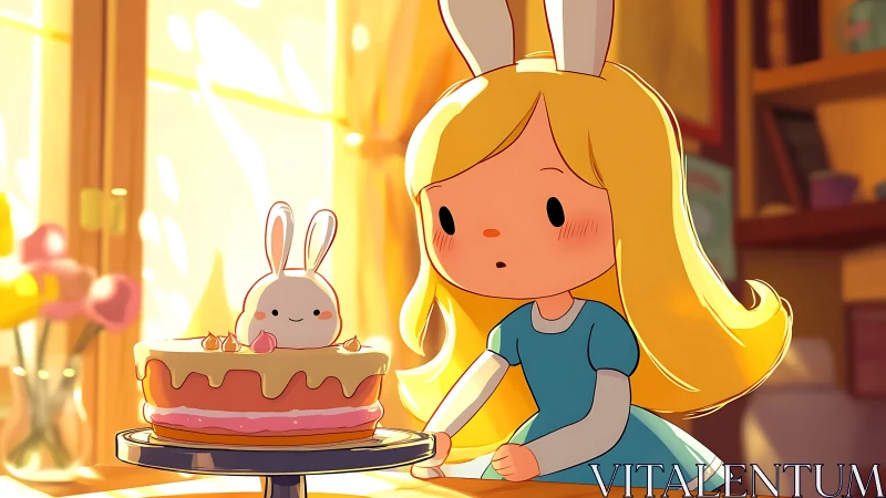 Character with Bunny Ears Observes Cake Presentation.