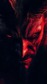 Demonic portrait burns through darkness with crimson glare.