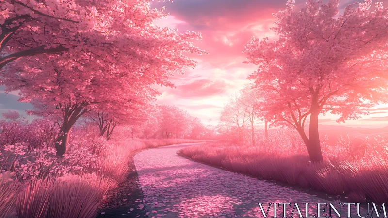Pink blossom lane under glowing sunset sky dreamscape.