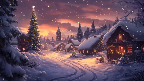 Snowlit Christmas village under glowing twilight sky.