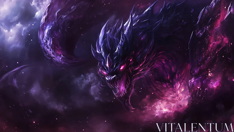 Cosmic void dragon coils through storming nebula night.