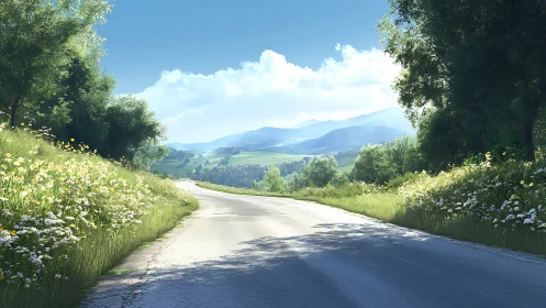 Sunlit country road curving through wildflower meadows.