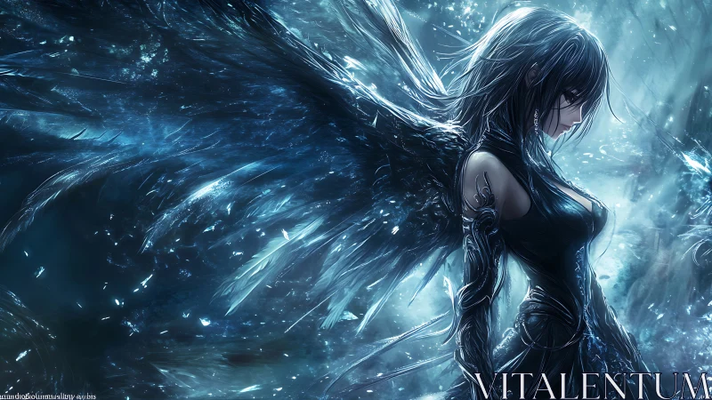 Dark winged angel stands amid storm of shattering ice.