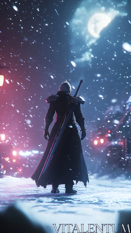 Lone warrior stands beneath a snowfall under glowing moon