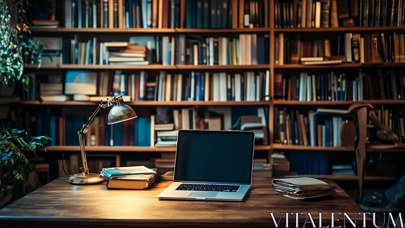 Laptop rests on wooden desk in warm, book-filled study.