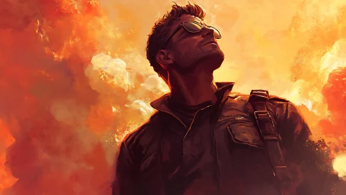 Lone aviator silhouette against blazing orange sky.