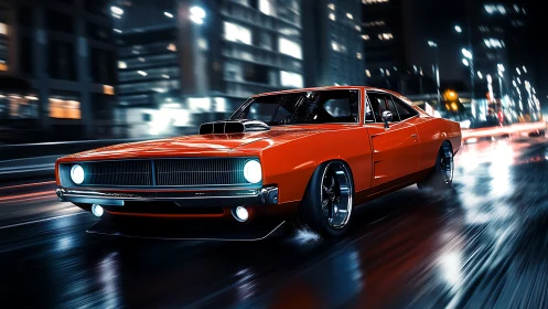 Red muscle car powers through neon city streets at night