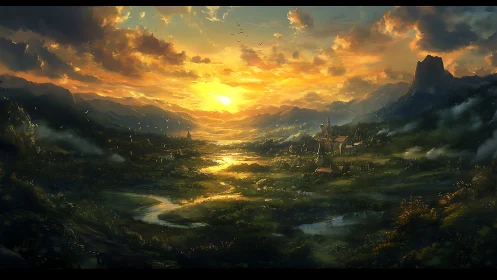 Sunlit valley landscape with distant village and mountains.