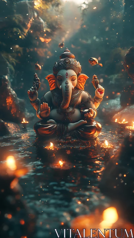 3D rendered Ganesh idol meditating amid glowing river diyas