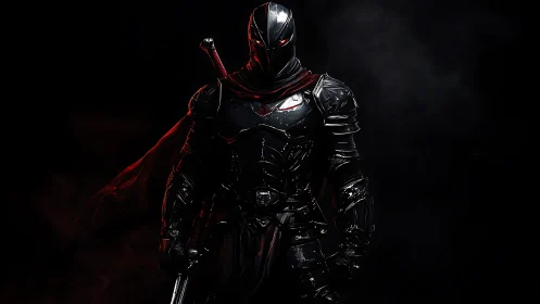 Armored shadow warrior rendered in high-contrast digital chiaroscuro