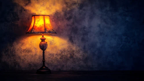 Vintage table lamp casting warm glow on textured wall