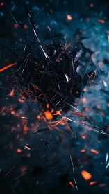 Shattered glass cluster with glowing orange embers in motion.