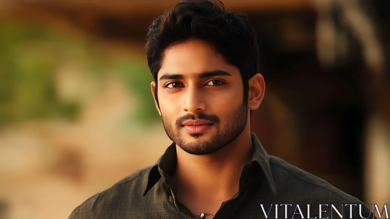 Confident young man outdoors in warm natural lighting.