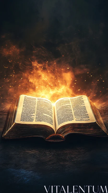 Illuminated sacred book radiating ethereal golden fire.