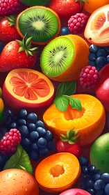 Colorful digital illustration of assorted sliced fruits.
