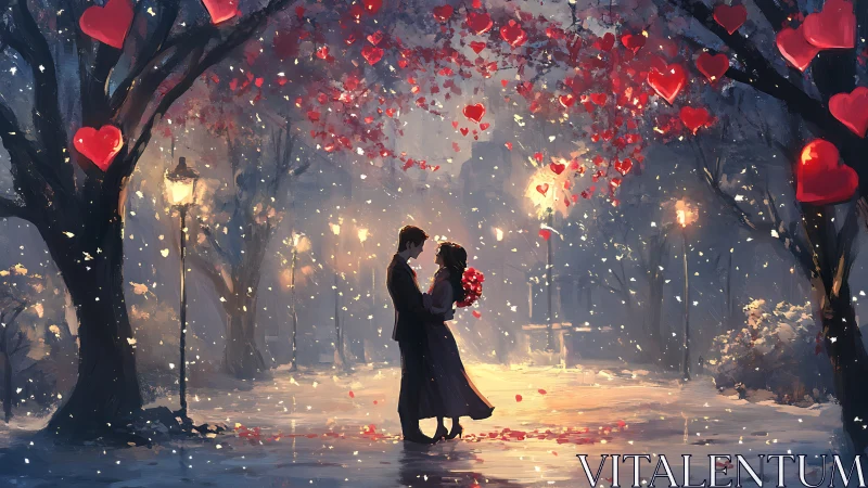 Couple in Park with Floating Red Hearts at Night.