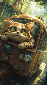 Feline figure integrated into vintage automobile form.