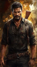 Bearded armed survivor stands against burning abstract backdrop