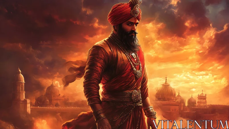 Warrior king stands before burning palace domes at dusk