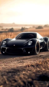 Low-slung black supercar on rural dirt track under warm backlight