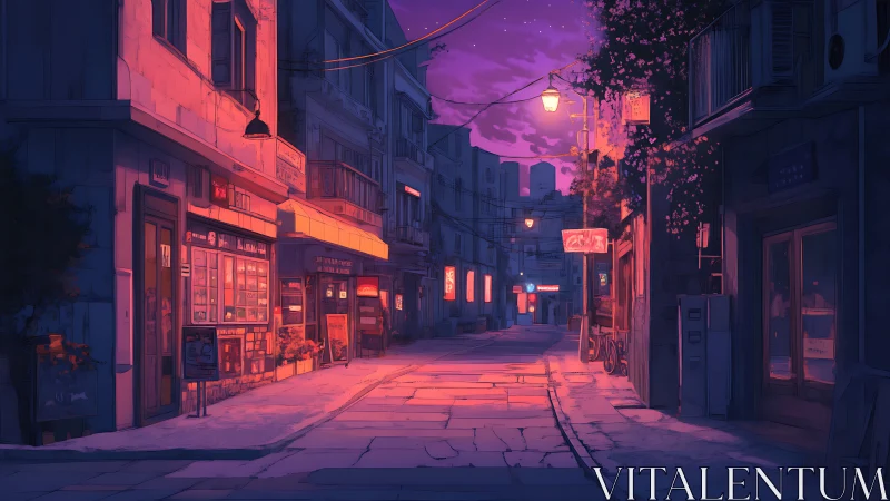 Twilight alleyway glowing with neon-lit storefront calm.