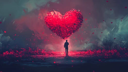 Solitary figure gazes upward at luminous heart constellation.