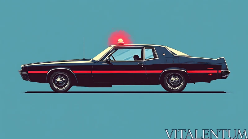 Stylized vintage police car profile on teal background.