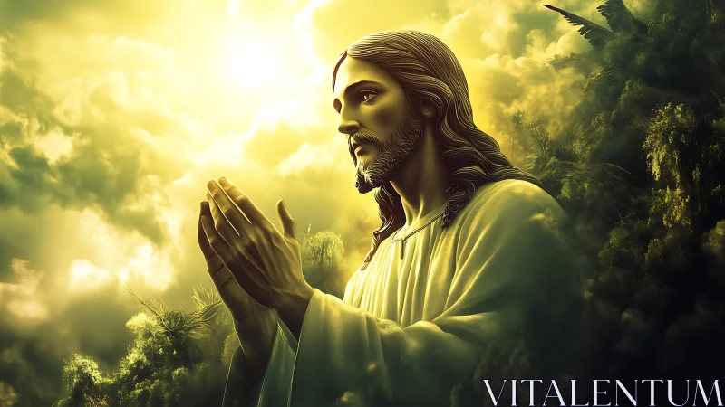 Backlit robed figure in prayer rendered with volumetric god rays