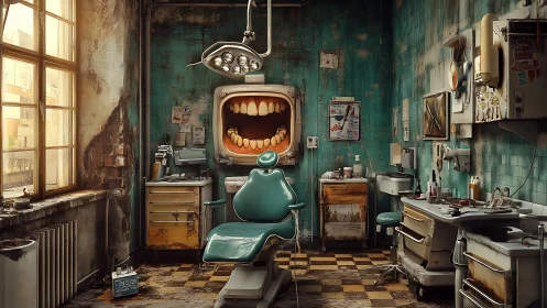 Abandoned teal dental clinic shows monstrous gaping mouth chair