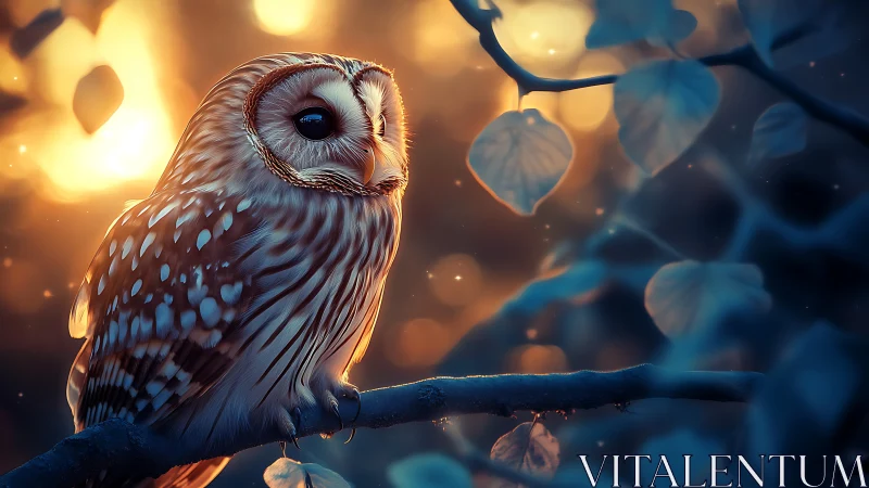 Majestic owl perched on tree branch at dusk in dreamy, soft focus.