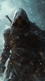 Hooded shadow warrior stalks frozen battlefield in storm