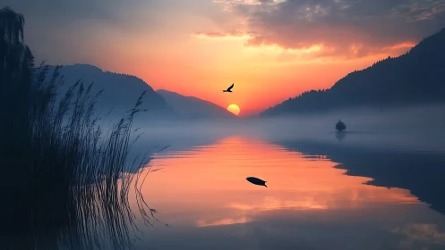 Serene misty lake sunrise with silhouetted reeds and birds.