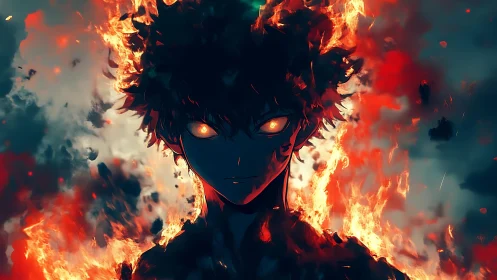 Incandescent anime silhouette with engulfing bokeh firestorm glow