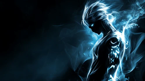 Mysterious glowing hero wrapped in swirling blue energy.