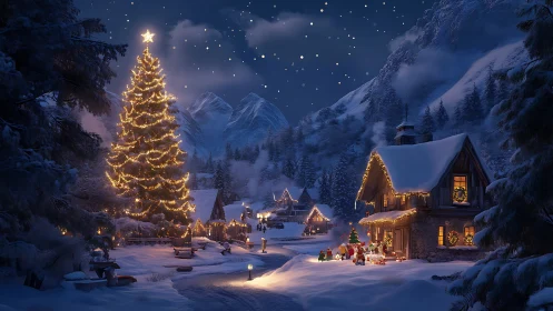Snowy alpine village aglow with towering Christmas wonder.