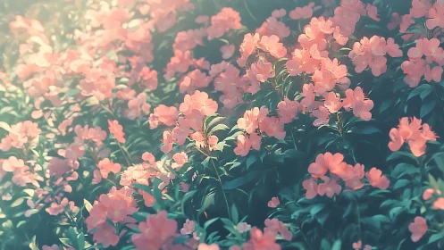 Pink flowers bloom abundantly in soft golden sunlight.