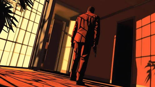 Gunman stalks a sunlit hallway washed in deep orange shadows