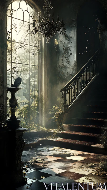 Decayed interior staircase in overgrown grand hall.