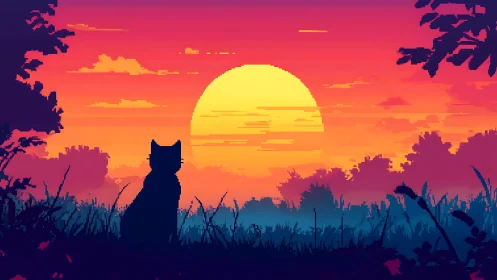 Cat silhouette watching glitchy pixel sunset horizon.